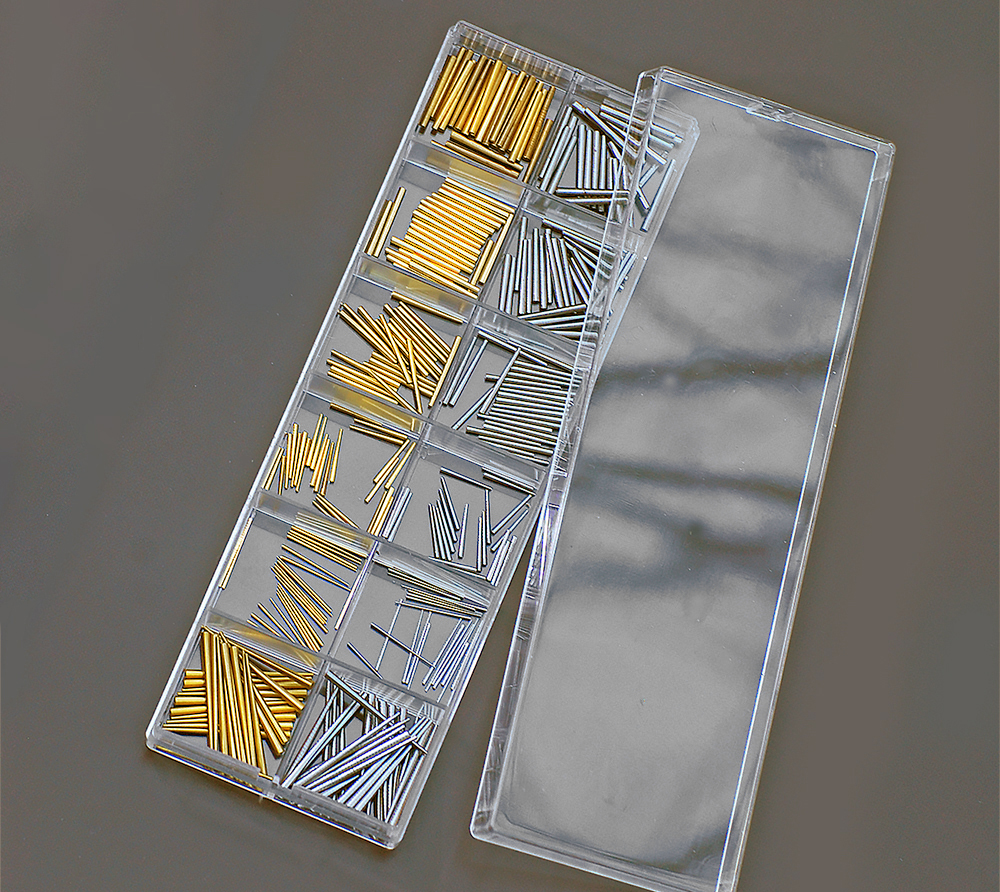 Konische Vorsteckstifte Sortiment Messing/Stahl, MAXI UNIVERSAL Fächerbox mit 300 Stück